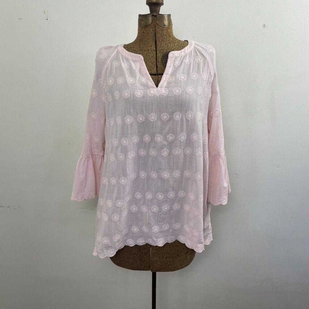 J. Jill Light Pink Split Neck Embroidered Cotton top with Bell Sleeves Sz S